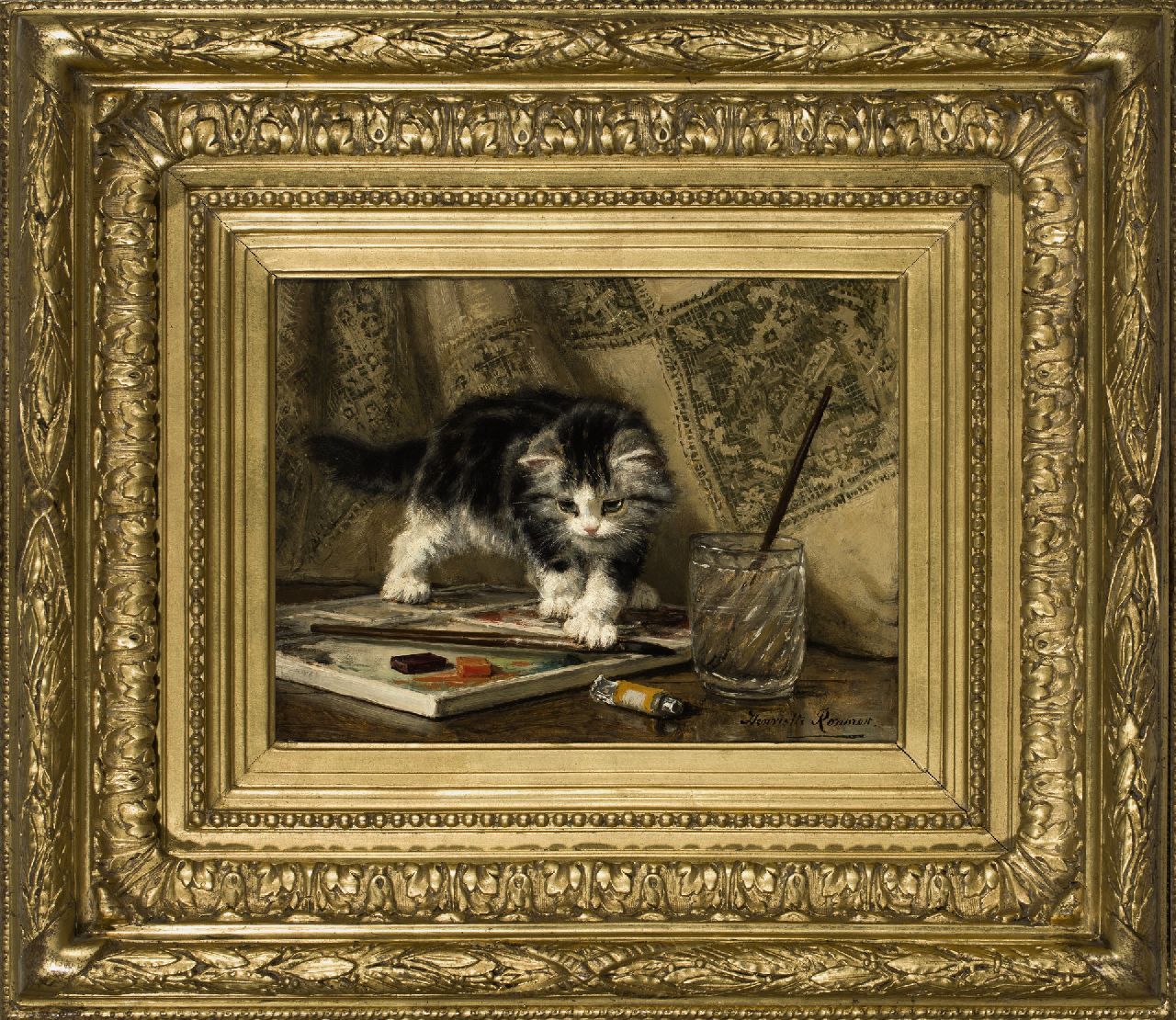 Ronner-Knip H.  | Henriette Ronner-Knip, Kitten at play, oil on canvas laid down on panel 24.0 x 32.1 cm, signed l.r.