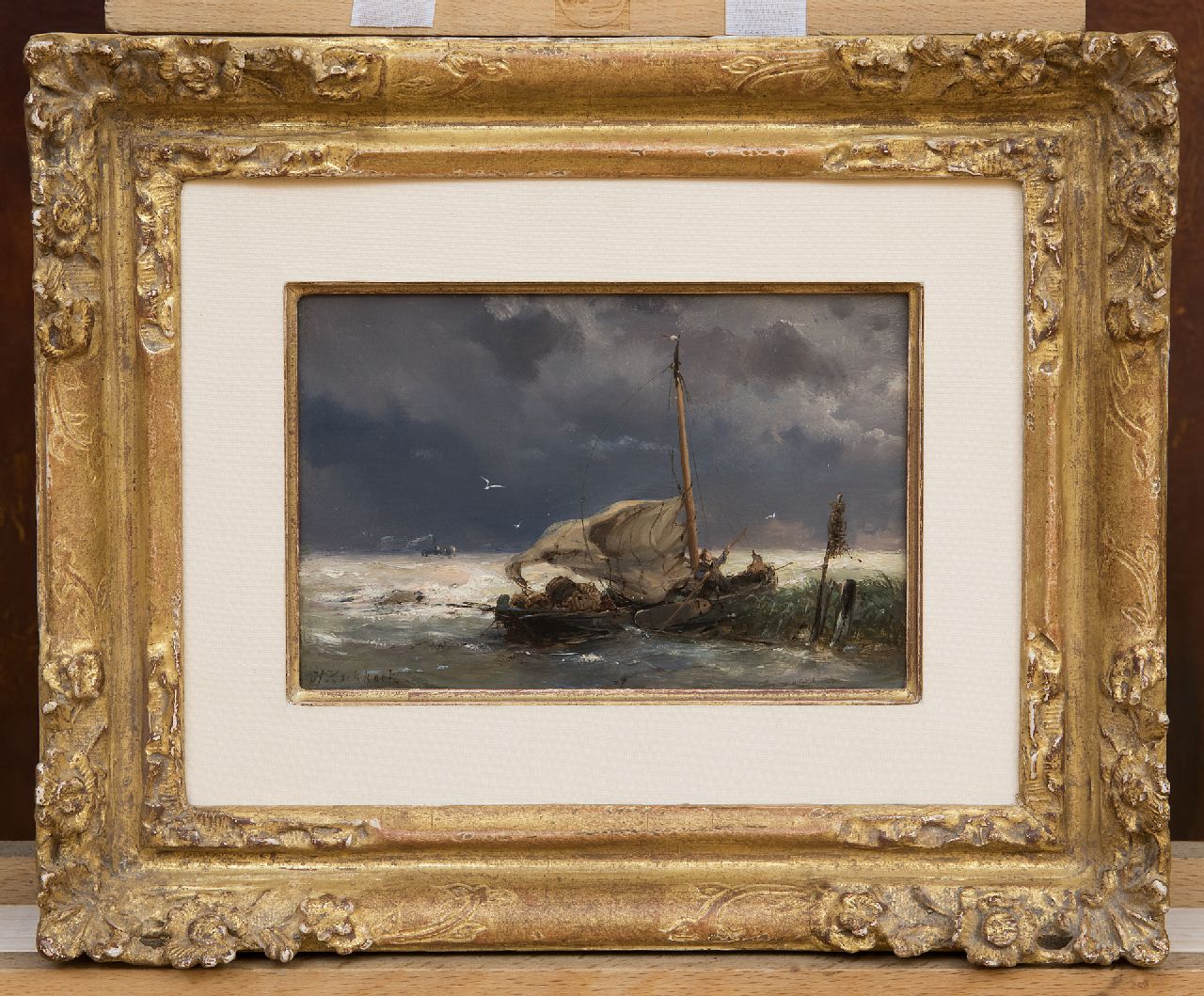 Koekkoek H.  | Hermanus Koekkoek, Fishing boat and steamer in a storm, oil on panel 10.7 x 16.0 cm, signed l.l.