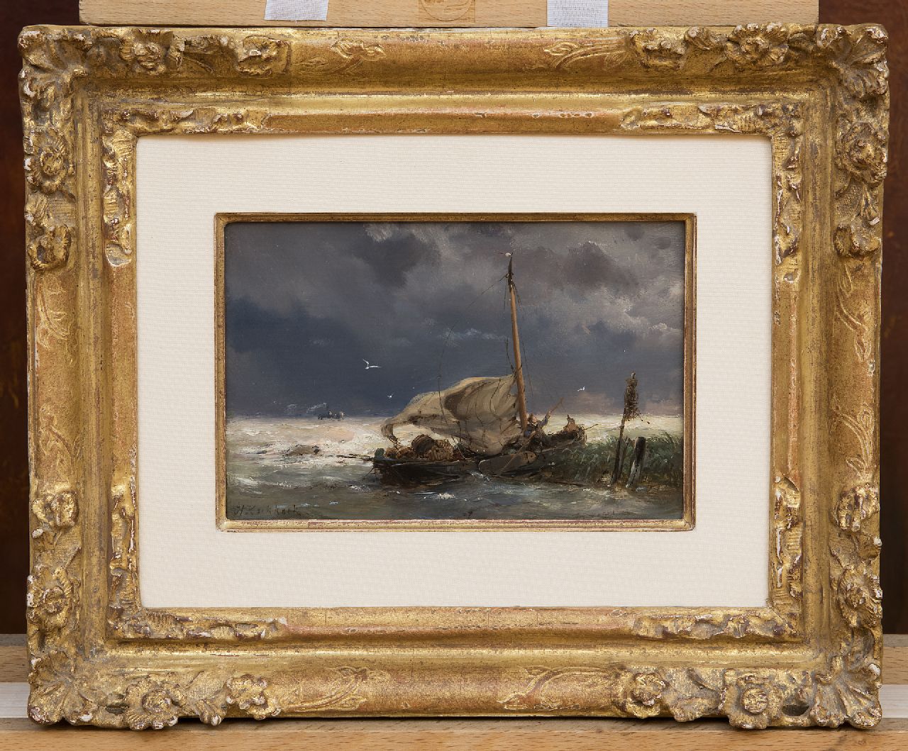 Koekkoek H.  | Hermanus Koekkoek, Fishing boat and steamer in a storm, oil on panel 10.7 x 16.0 cm, signed l.l. and VERKOCHT