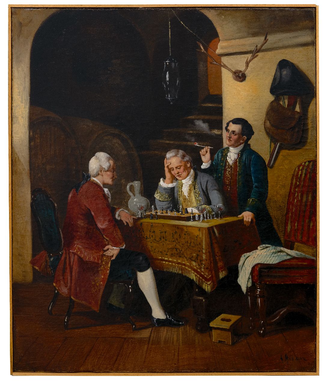 Engelse School, 19e eeuw   | Engelse School, 19e eeuw | Paintings offered for sale | Playing chess in the cellar, oil on canvas 69.0 x 55.8 cm, gesigneerd rechtsonder