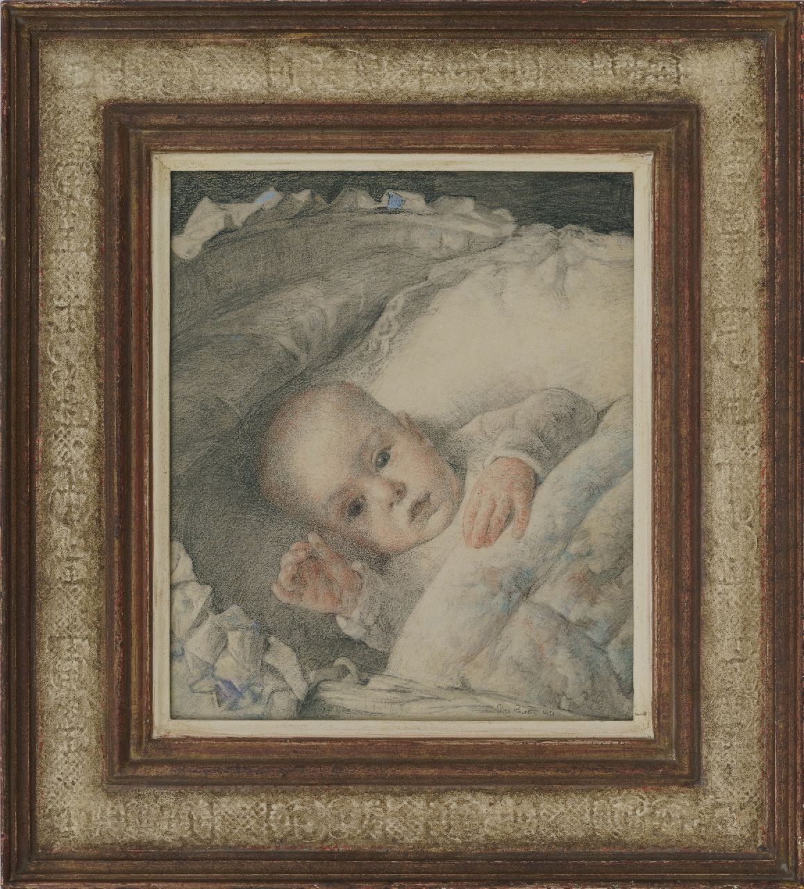 Rueter W.C.G.  | Wilhelm Christian 'Georg' Rueter | Watercolours and drawings offered for sale | A portrait of Jan Peter Moes as a baby, coloured pencil and chalk on paper 32.6 x 27.9 cm, signed l.r. and dated 1920