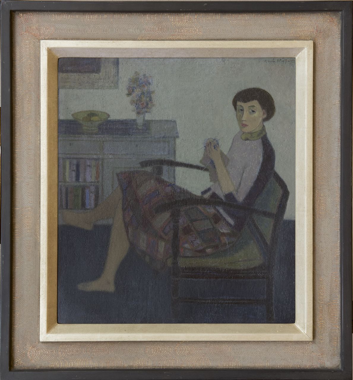 Wiggers K.H.  | 'Karel' Hendrik Wiggers, A woman, knitting, oil on board 50.3 x 44.8 cm, signed u.r.