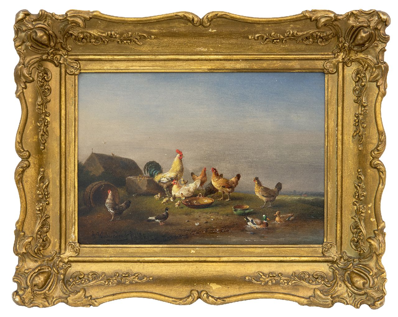 Severdonck F. van | Frans van Severdonck | Paintings offered for sale | Poultry and birds in an extensive landscape, oil on panel 17.8 x 26.0 cm, signed l.l. and painted 1886