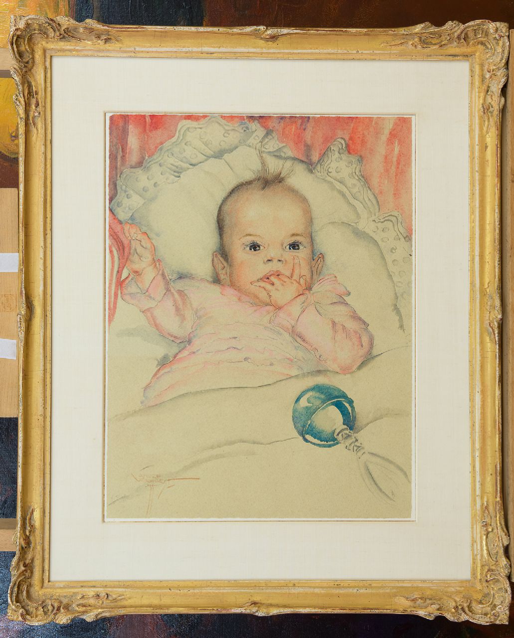 Verhorst A.J.  | Andreas Jacobus 'André J.' Verhorst | Watercolours and drawings offered for sale | A baby's portrait of Emmie Reijnders, pencil and watercolour on paper 44.5 x 33.5 cm, signed l.l. and dated '35