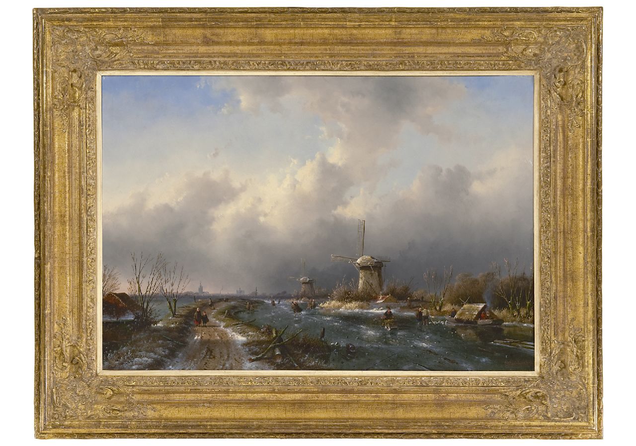 Leickert C.H.J.  | 'Charles' Henri Joseph Leickert, Skaters on a frozen waterway near windmills, oil on panel 50.4 x 73.9 cm, signed l.r. and dated '53
