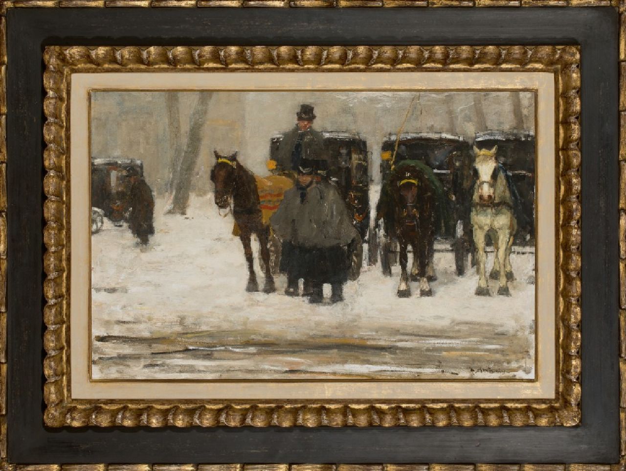 Arntzenius P.F.N.J.  | Pieter Florentius Nicolaas Jacobus 'Floris' Arntzenius, Coaches in the snow, oil on panel 38.7 x 59.4 cm, signed l.r. and painted circa 1895