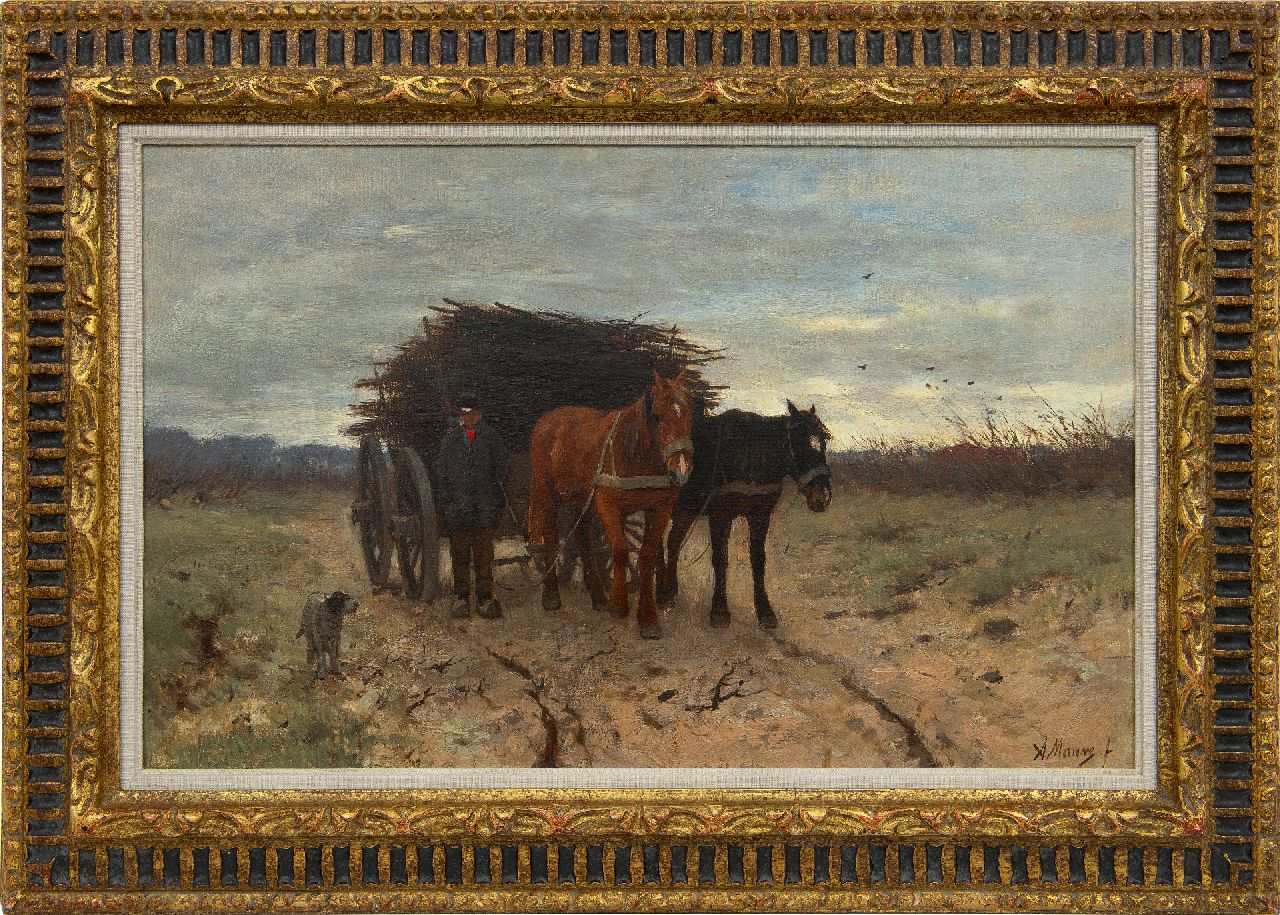 Mauve A.  | Anthonij 'Anton' Mauve, Wood gatherer with horse-drawn cart, oil on canvas 33.8 x 54.1 cm, signed l.r. and painted 1875-1880