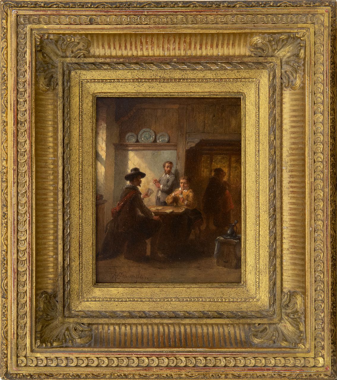Scheeres H.J.  | Hendricus Johannes Scheeres, Card players and a courtship in an Old Dutch interior, oil on panel 18.6 x 15.1 cm, signed l.l. and dated '63