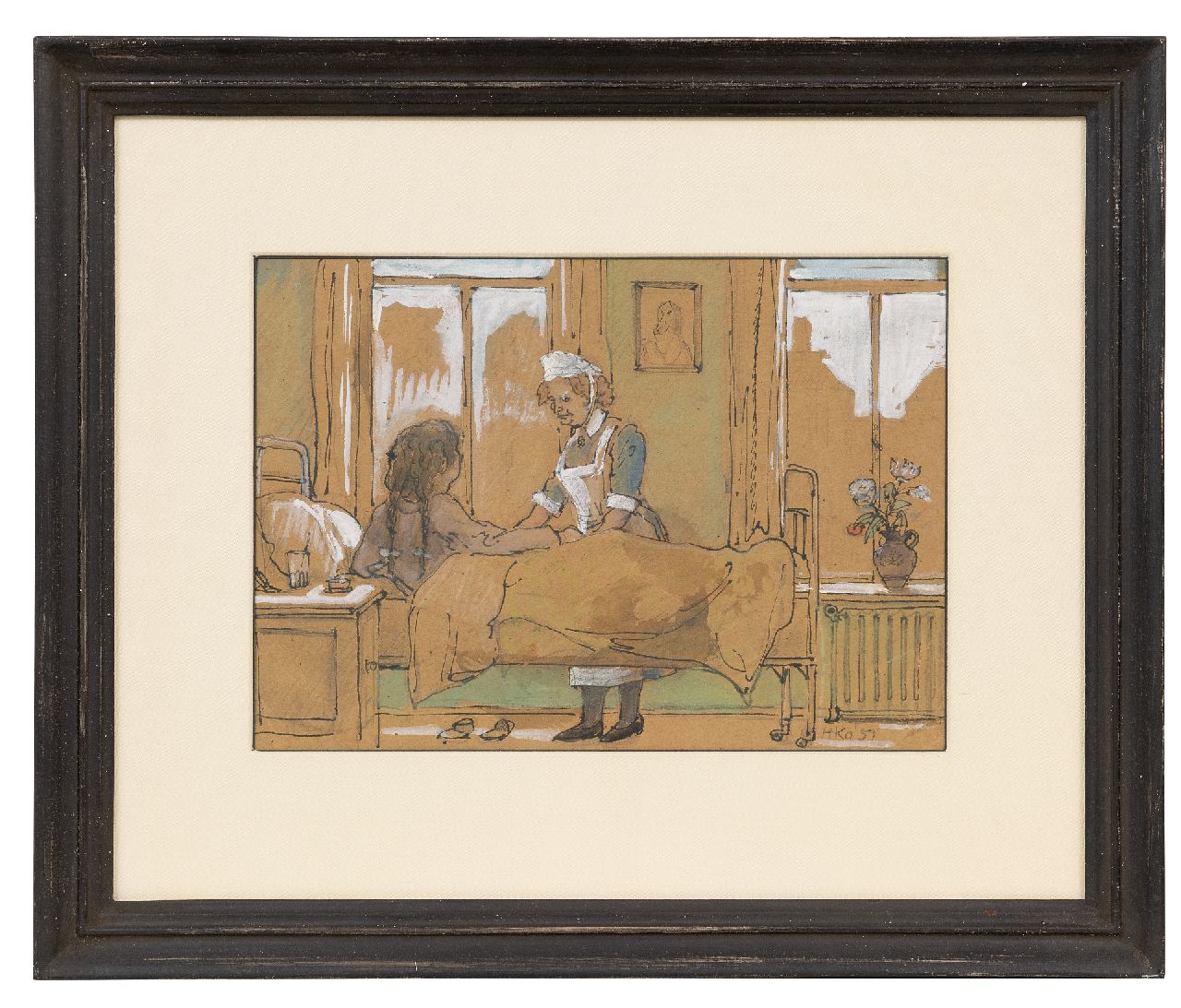 Kamerlingh Onnes H.H.  | 'Harm' Henrick Kamerlingh Onnes | Watercolours and drawings offered for sale | In the hospital, pencil, pen and watercolour on paper 20.3 x 28.9 cm, signed l.r. with monogram and dated '51