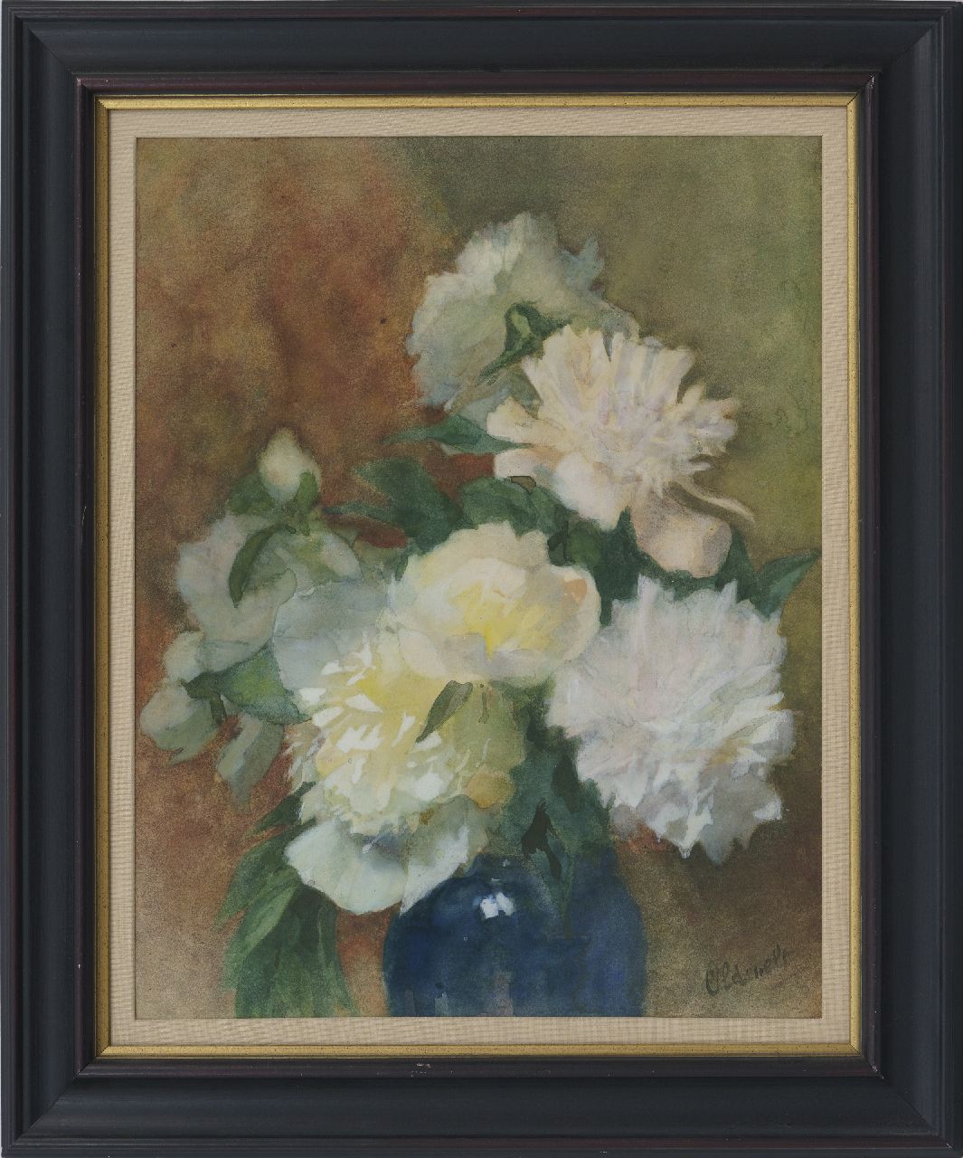 Oldewelt F.G.W.  | 'Ferdinand' Gustaaf Willem Oldewelt | Watercolours and drawings offered for sale | Peonies in a blue vase, watercolour on paper 50.3 x 38.3 cm, signed l.r.