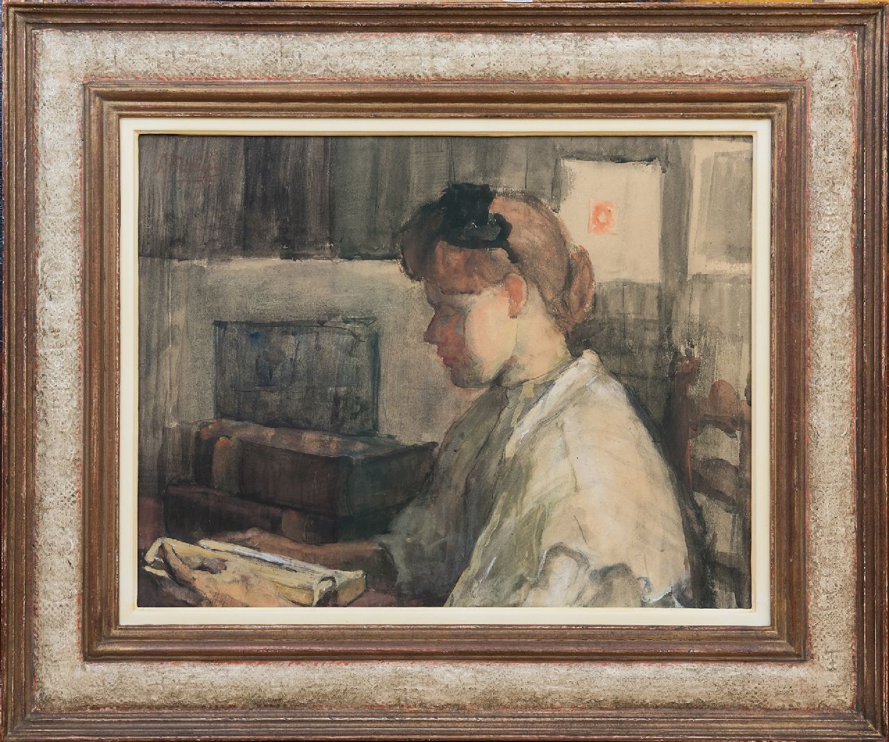 Fritzlin M.C.L.  | Maria Charlotta 'Louise' Fritzlin, A girl reading, watercolour on paper laid down on board 32.5 x 42.0 cm, signed u.l. and painted 1908