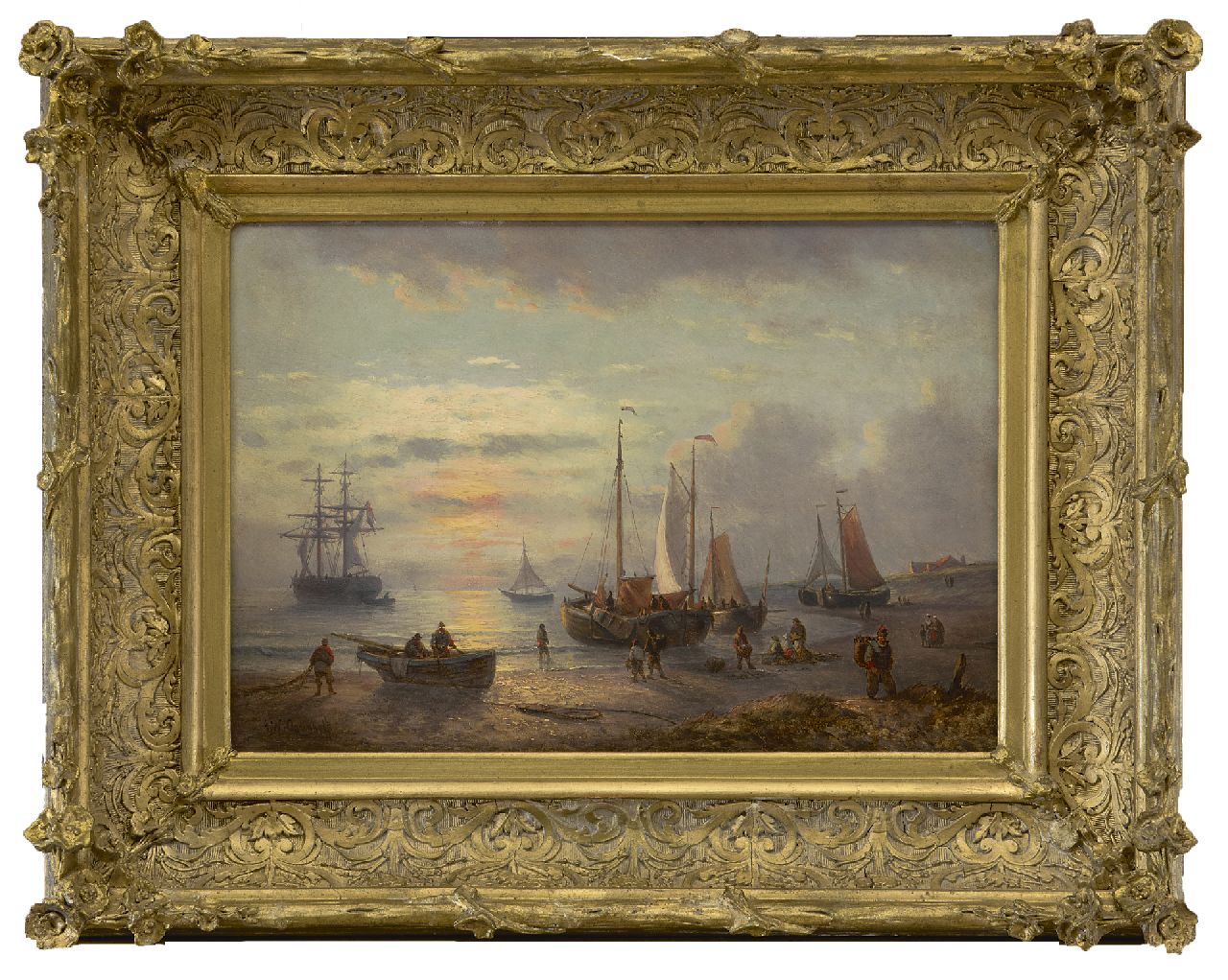Opdenhoff G.W.  | Witzel 'George Willem' Opdenhoff, Fishermen and barges on the beach, at sunset, oil on panel 21.6 x 31.1 cm, signed l.l.
