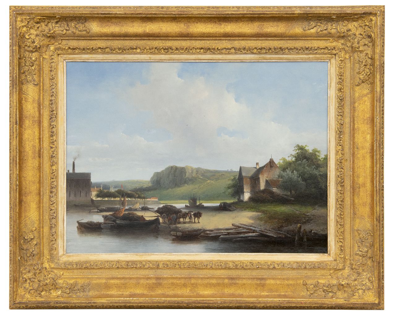 Hoppenbrouwers J.F.  | Johannes Franciscus Hoppenbrouwers | Paintings offered for sale | The river Maas with ships at a loading wharf, oil on panel 39.5 x 53.7 cm, signed l.r. and dated '40