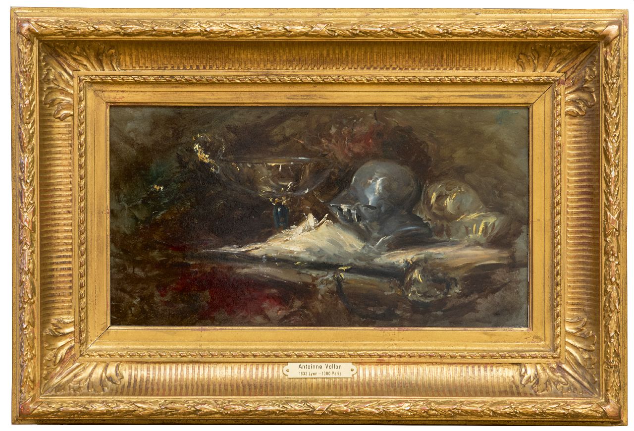 Vollon A.  | Antoine Vollon | Paintings offered for sale | Still life with helmet and sword, oil on panel 22.3 x 41.8 cm, signed l.l.