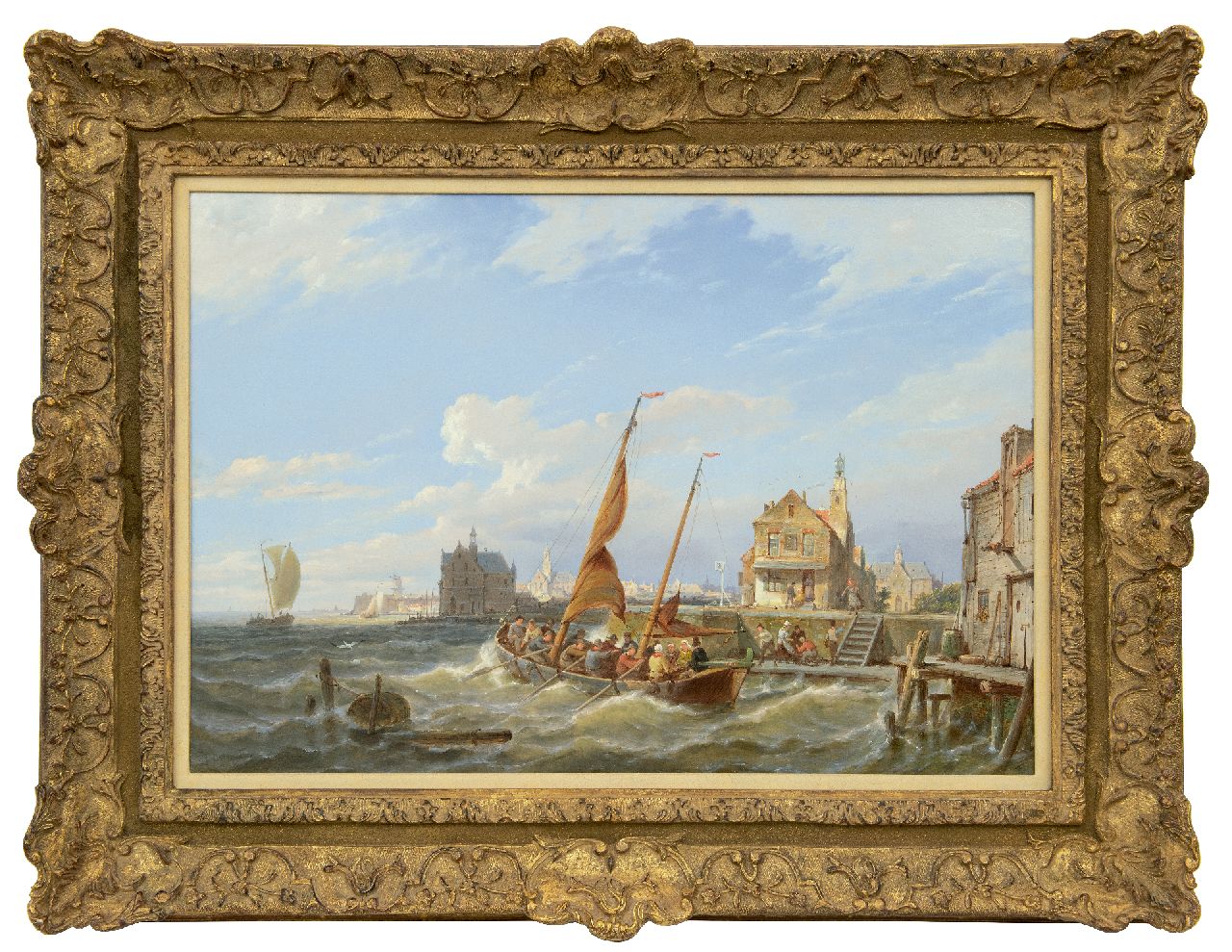 Dommershuijzen P.C.  | Pieter Cornelis Dommershuijzen, A ferry in an estuary, oil on panel 42.5 x 61.3 cm, signed l.l. and dated 1888