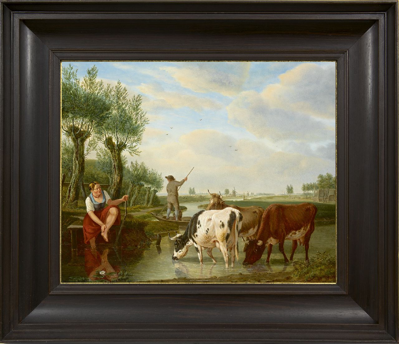Kuytenbrouwer M.A.  | Martinus Antonius Kuytenbrouwer | Paintings offered for sale | A ferryman and cowherd in a Dutch river landscape, oil on panel 38.8 x 47.3 cm, signed l.r.