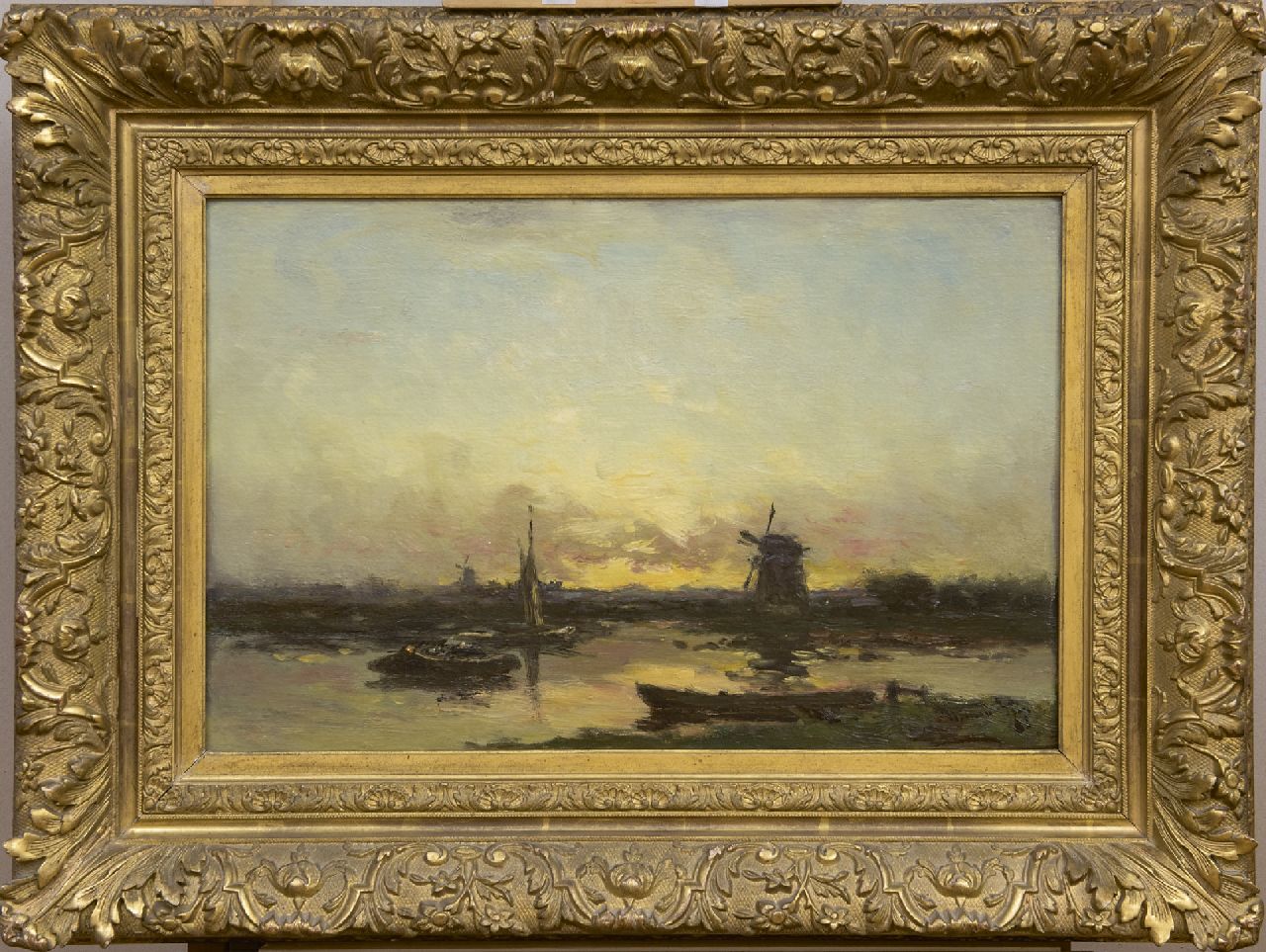 Rip W.C.  | 'Willem' Cornelis Rip | Paintings offered for sale | Windmills and barges at sunset, oil on canvas 36.9 x 55.5 cm, signed l.r.