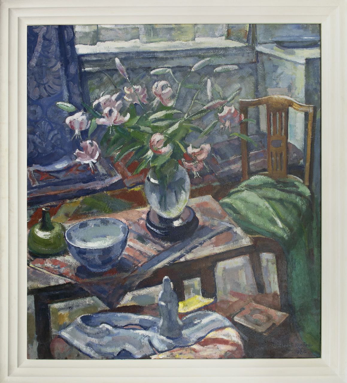 Koning R.  | Roeland Koning, Lilies in a vase on a coffee table, oil on canvas 161.3 x 139.7 cm, signed l.r. and dated 1980