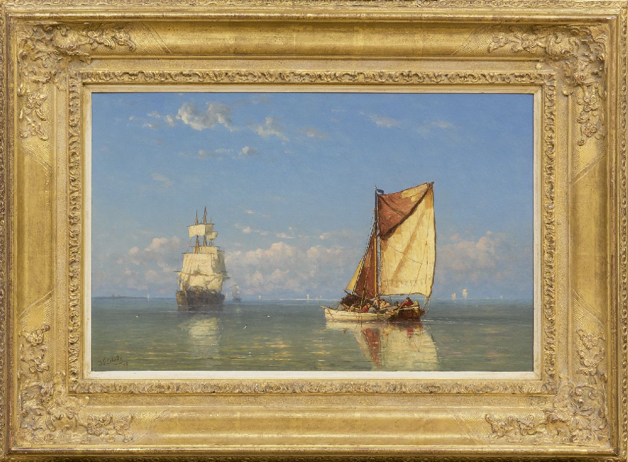 Schütz J.F.  | Jan Frederik Schütz, Three-master and fishing boat in a calm, oil on panel 32.6 x 50.8 cm, signed l.l. and dated '79