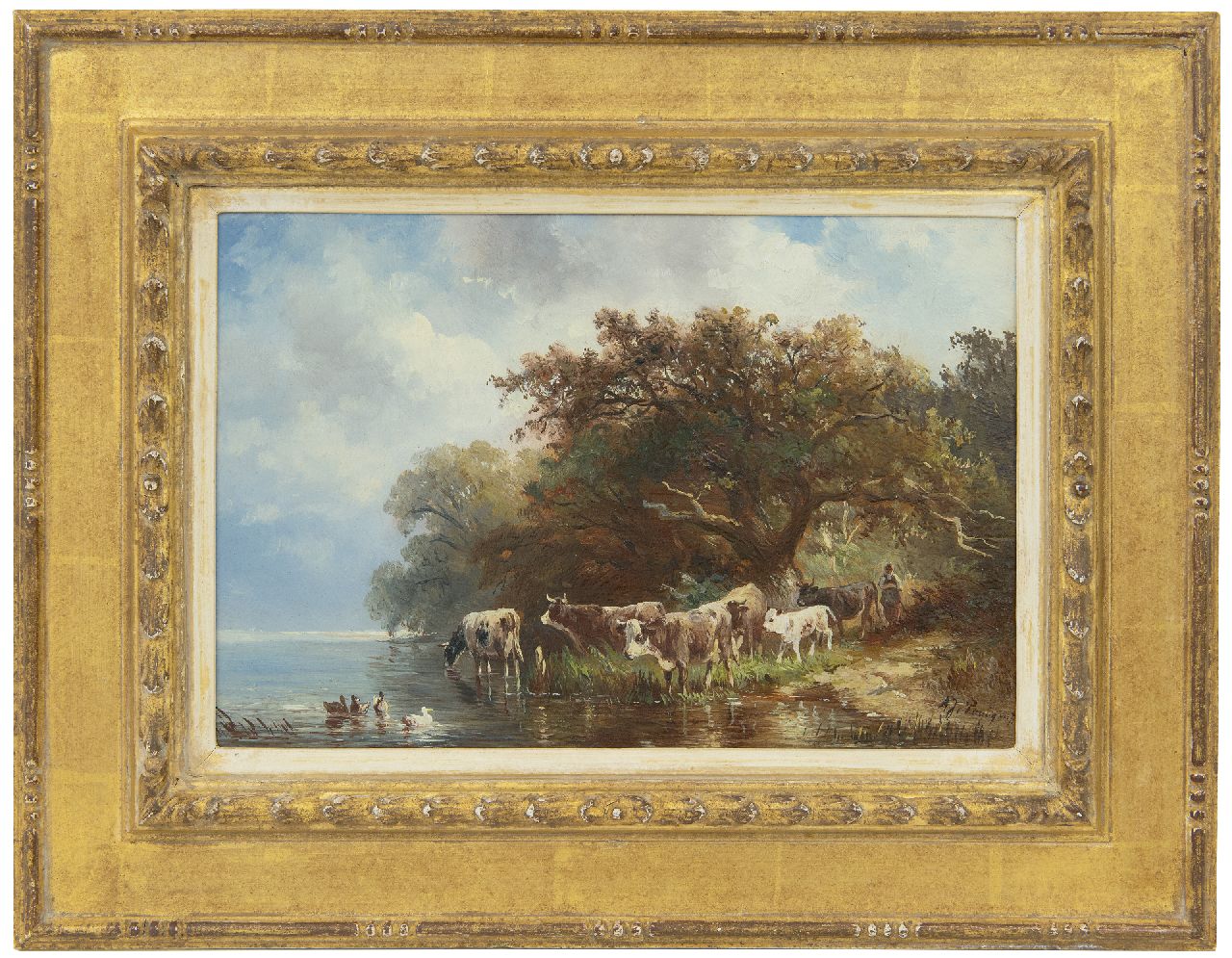 Prooijen A.J. van | Albert Jurardus van Prooijen | Paintings offered for sale | A cowherd with cattle by a river, oil on panel 19.7 x 29.1 cm, signed l.r.