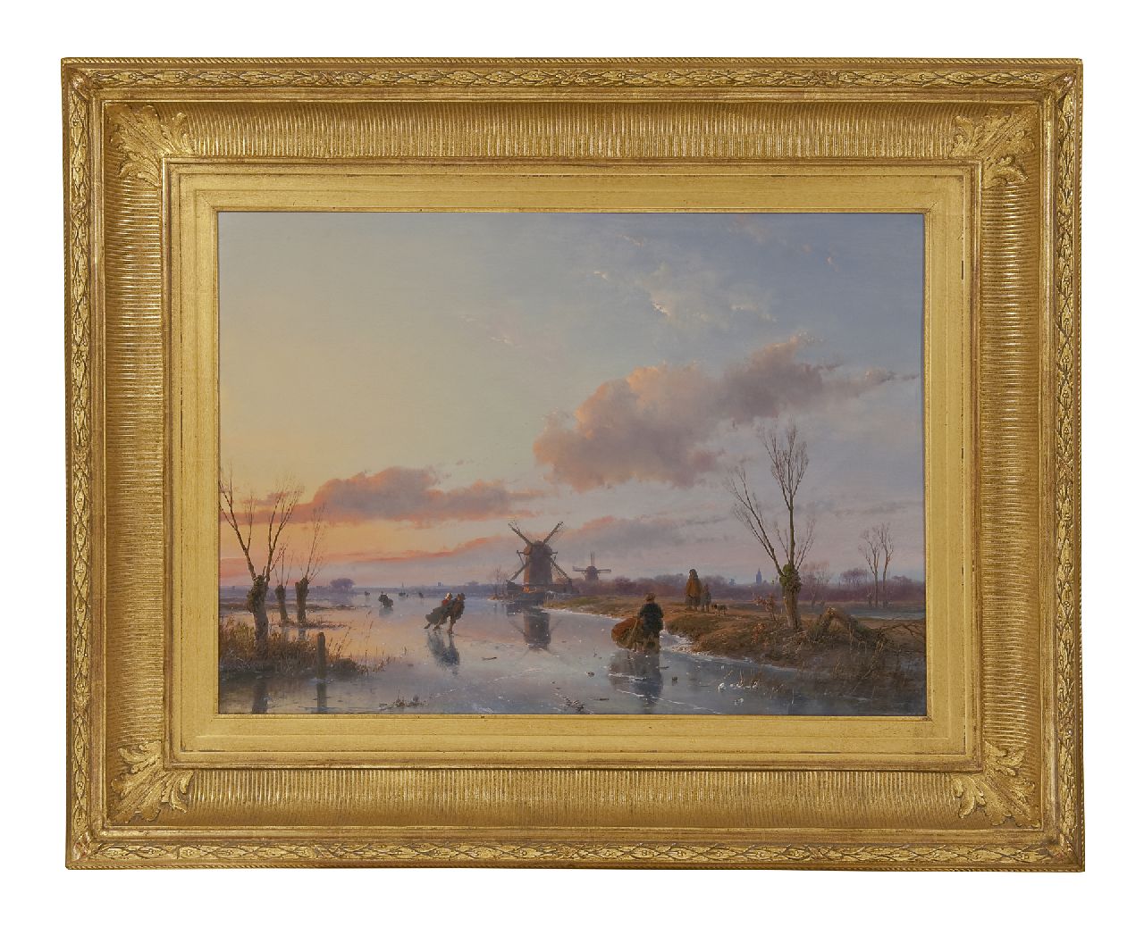 Schelfhout A.  | Andreas Schelfhout, Skaters on a Dutch waterway at sunset, oil on panel 47.1 x 66.3 cm, signed l.r. and dated 1845