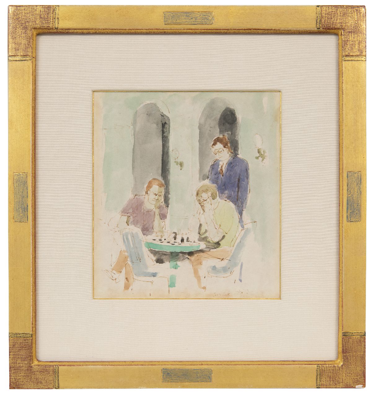 Kamerlingh Onnes H.H.  | 'Harm' Henrick Kamerlingh Onnes | Watercolours and drawings offered for sale | The Chessplayers, pen, brown ink and watercolour on paper 17.4 x 15.8 cm, signed l.r. with monogram and dated '73