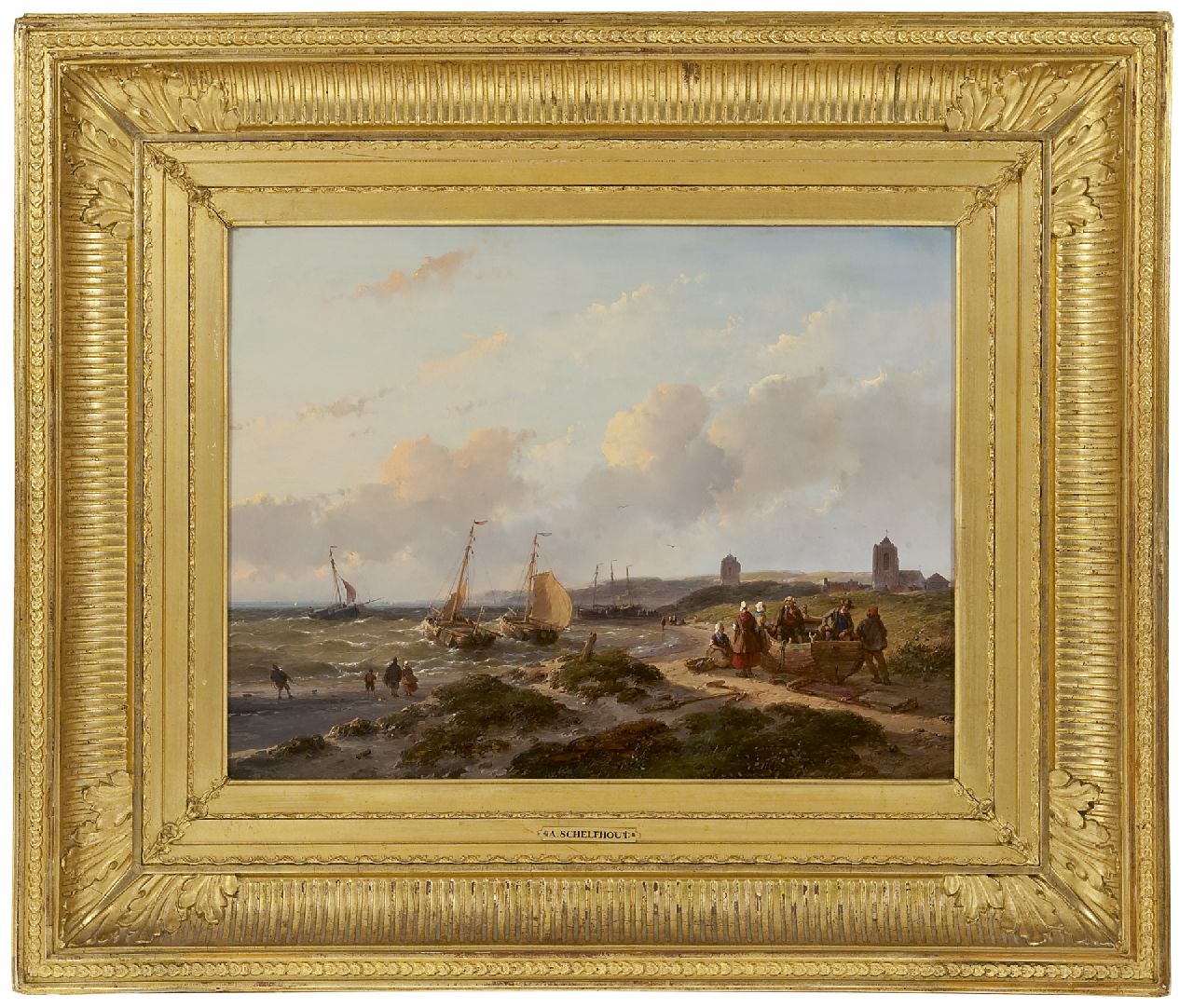 Schelfhout A.  | Andreas Schelfhout, View on Katwijk, fishing boats along the shore, oil on panel 33.5 x 44.0 cm, signed l.r. and dated '57