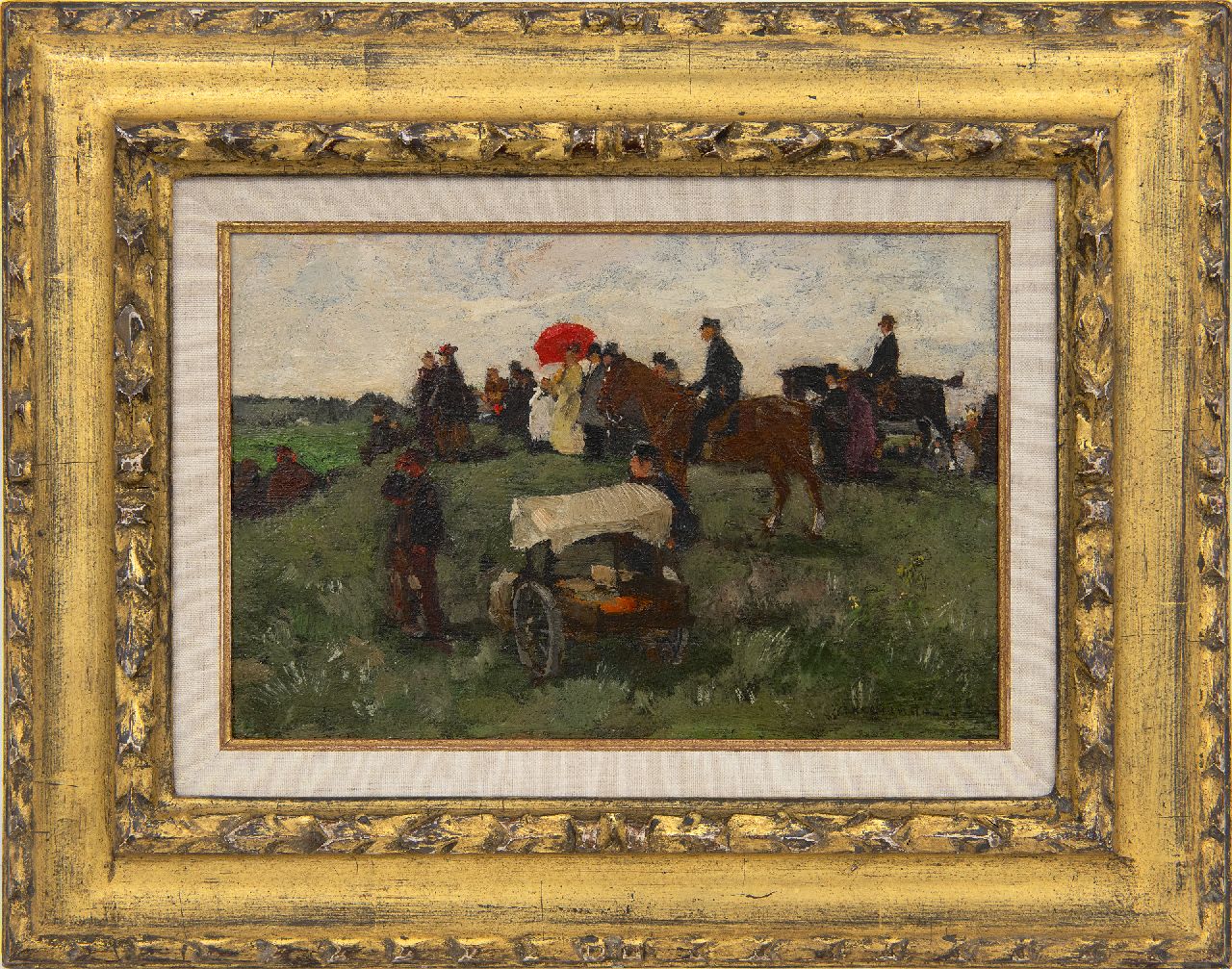 Akkeringa J.E.H.  | 'Johannes Evert' Hendrik Akkeringa | Paintings offered for sale | At the horseraces on Clingendael, oil on panel 16.5 x 25.0 cm, signed l.r. and painted ca. 1898