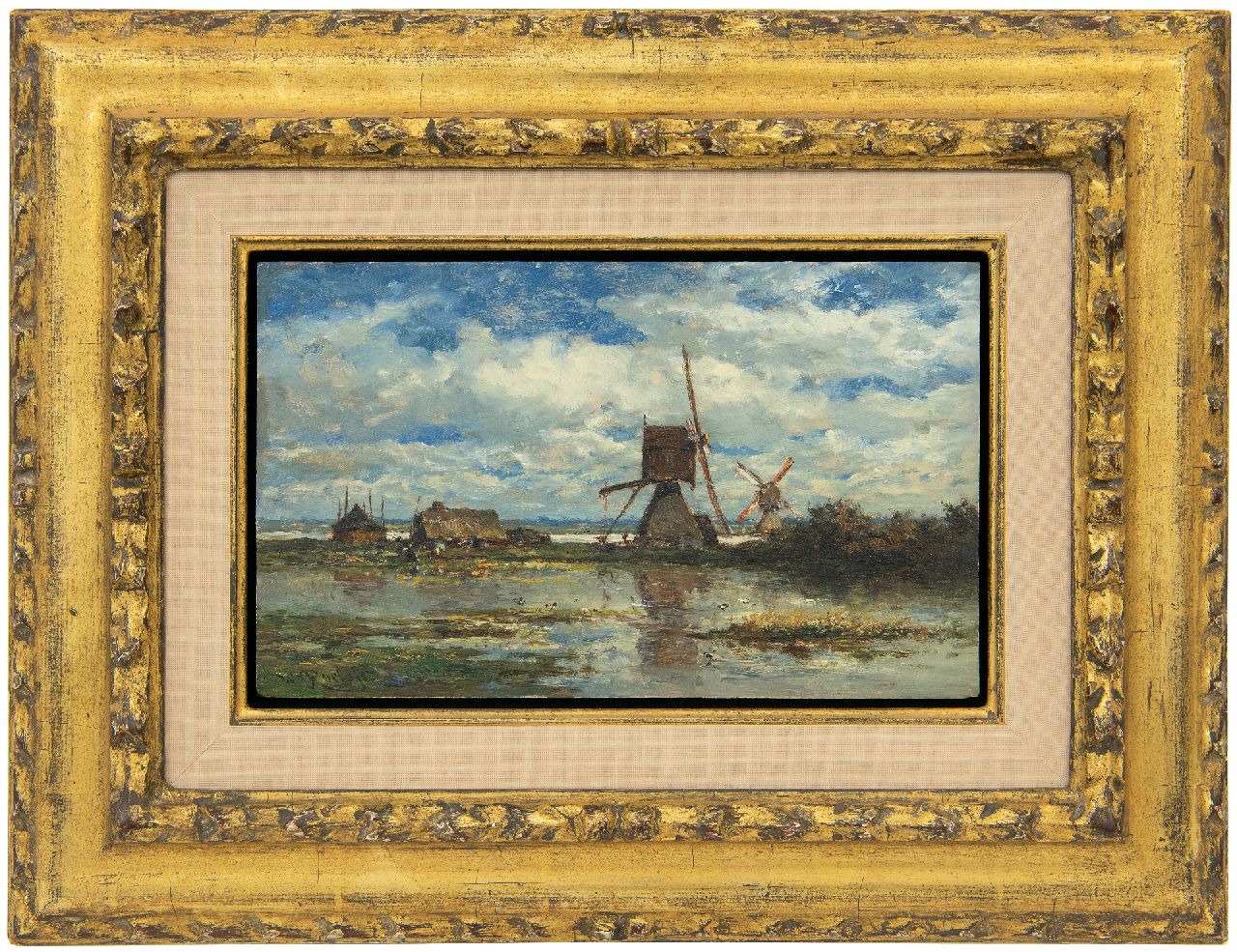 Roelofs W.  | Willem Roelofs, Two windmills in the Stolwijk polder (near Gouda), oil on panel 14.8 x 24.0 cm, signed l.l. and painted ca. 1872-1875