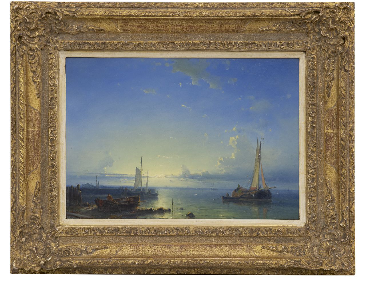 Hulk A.  | Abraham Hulk, Moored fishing boats at sunset, oil on panel 25.0 x 36.1 cm, signed l.r.