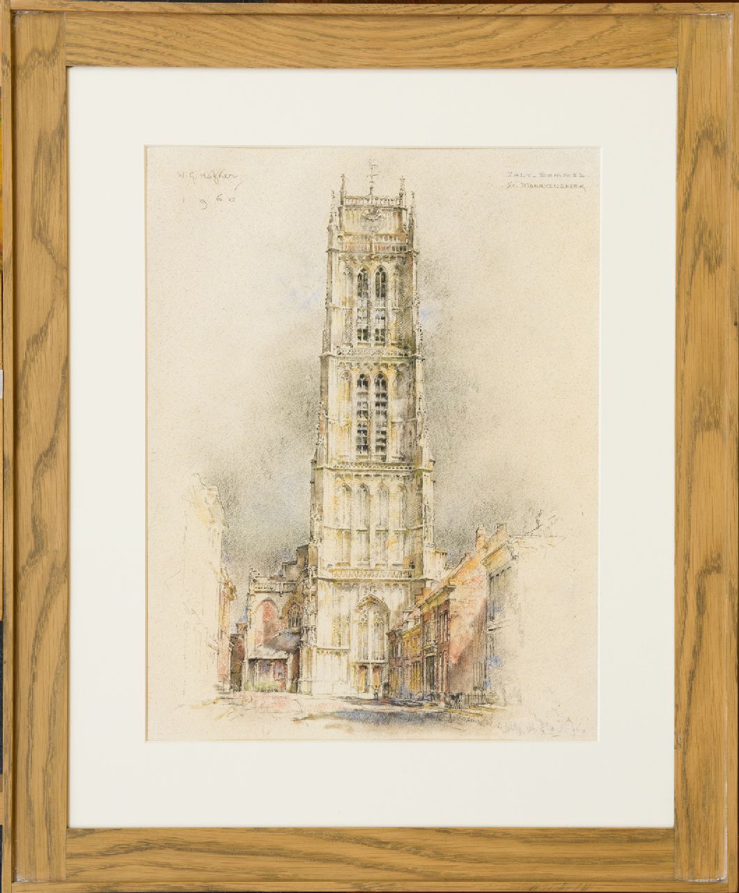 Hofker W.G.  | Willem Gerard Hofker | Watercolours and drawings offered for sale | A view of the Sint-Maartenskerk, Zaltbommel, black and coloured chalk on paper 43.2 x 33.0 cm, signed u.l. and l.r. and dated 1960