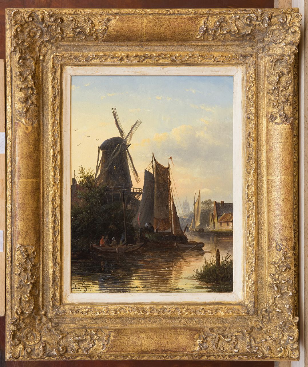 Spohler J.J.C.  | Jacob Jan Coenraad Spohler, Moored sailing boats near a mill, oil on panel 22.0 x 17.0 cm, signed l.l. with initials