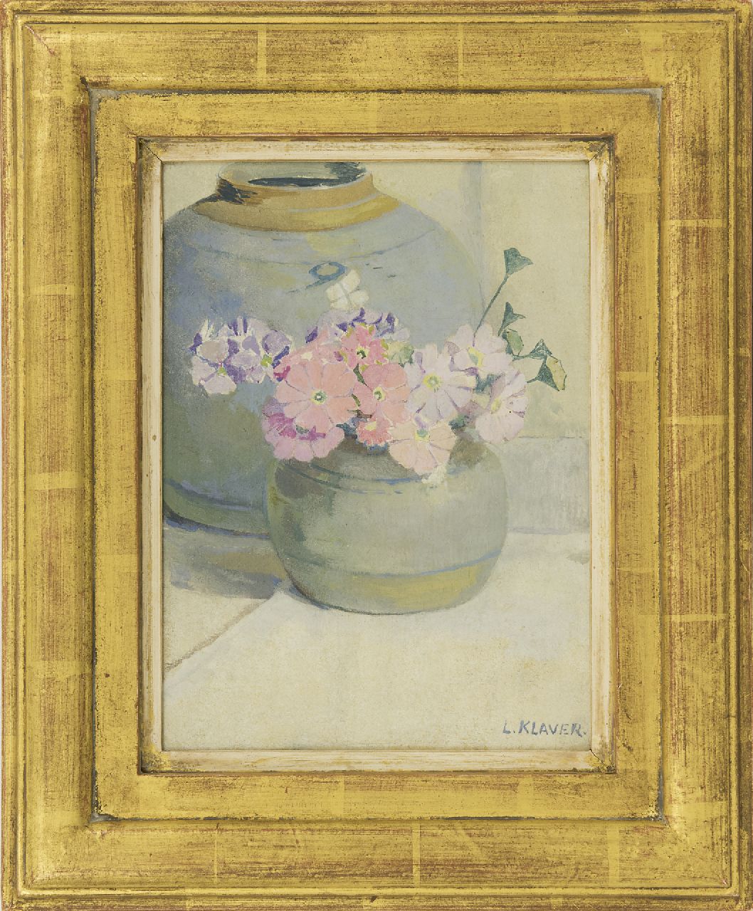Klaver L.  | Luite Klaver, Flowers in a Cologne pot, oil on panel 24.7 x 18.4 cm, signed l.r.