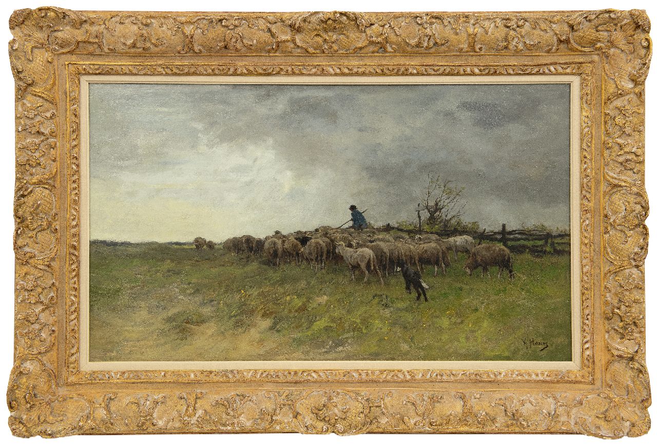 Mauve A.  | Anthonij 'Anton' Mauve, Landscape with shepherd and a flock of sheep, oil on canvas 38.6 x 66.5 cm, signed l.r.