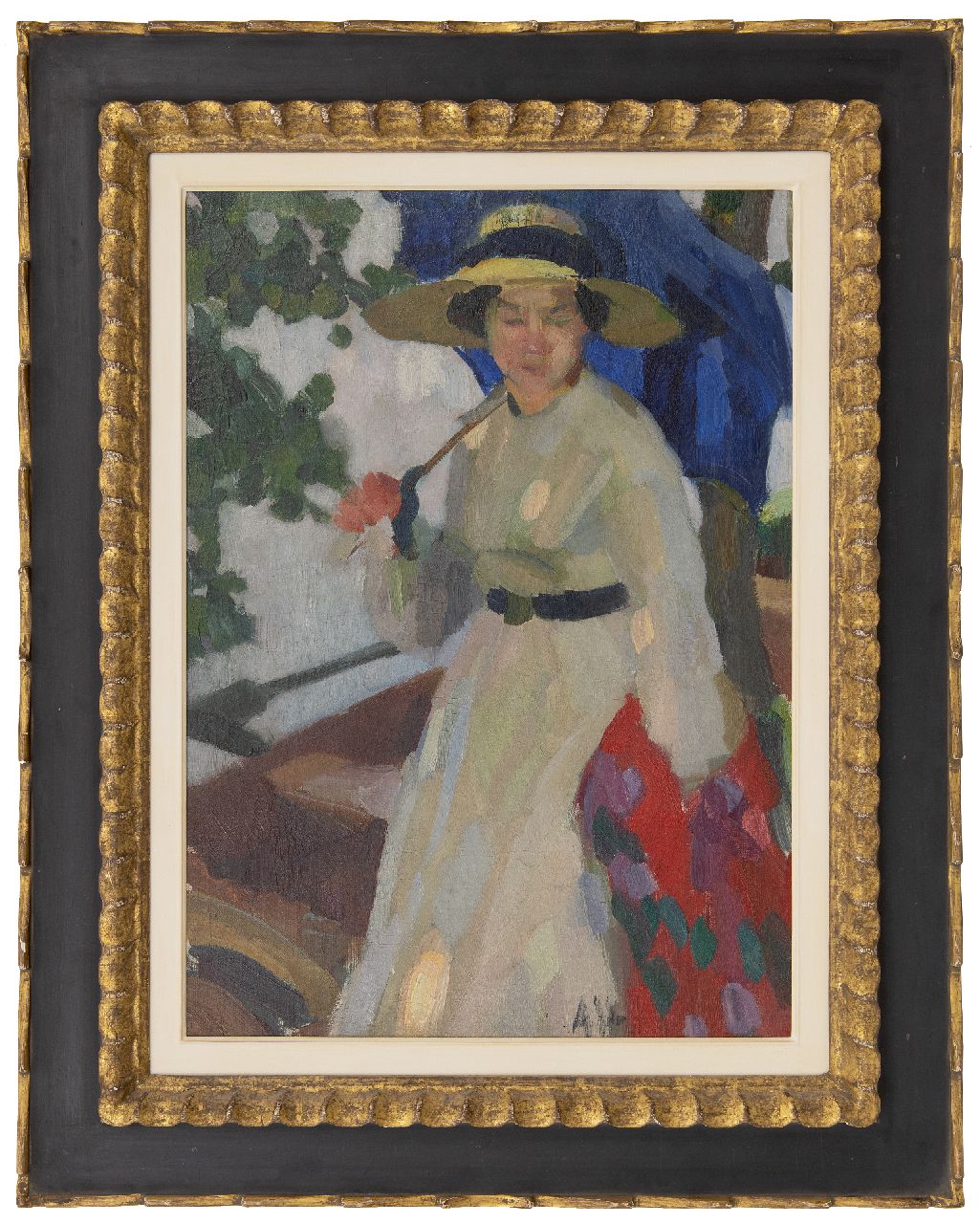 Höfer A.  | Adolf Höfer, A lady with a straw hat and parasol, oil on canvas laid down on board 63.3 x 45.8 cm, signed r.c. with initials and painted ca. 1910