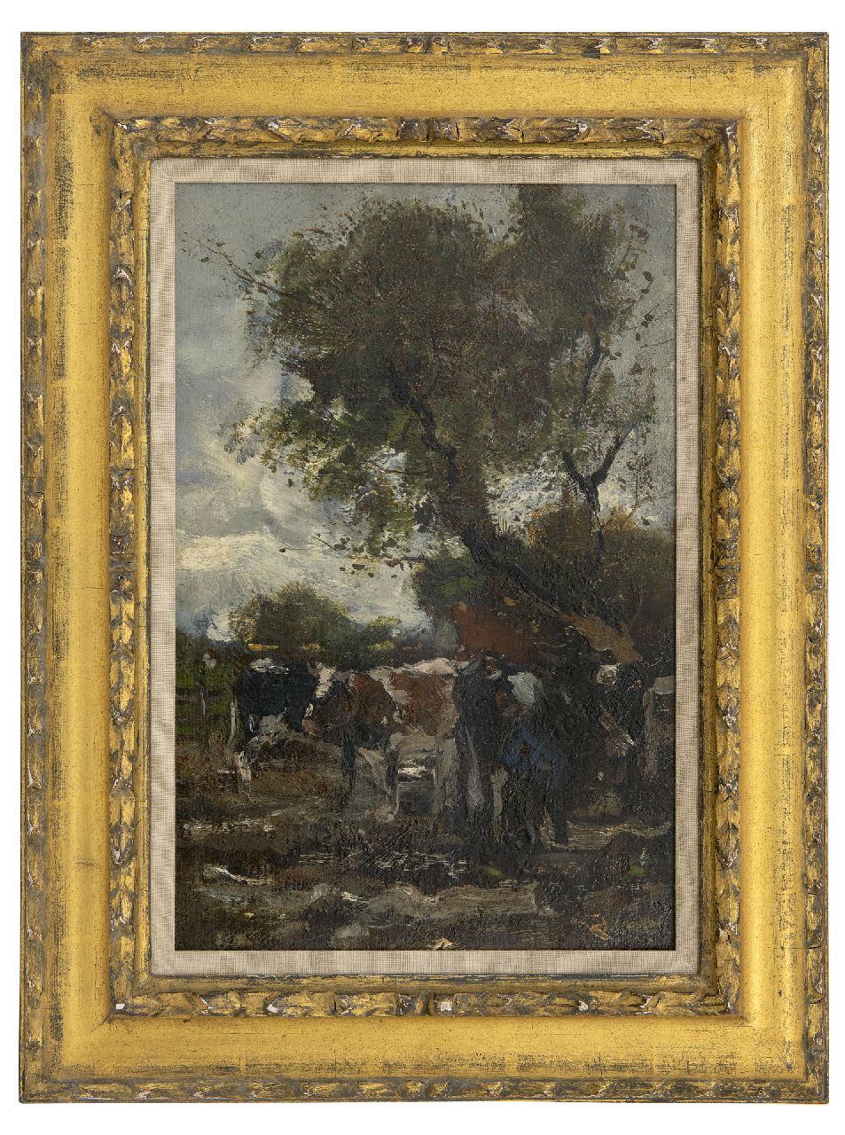 Jansen W.G.F.  | 'Willem' George Frederik Jansen | Paintings offered for sale | Milking time, oil on canvas laid down on panel 41.1 x 27.3 cm, signed l.r.