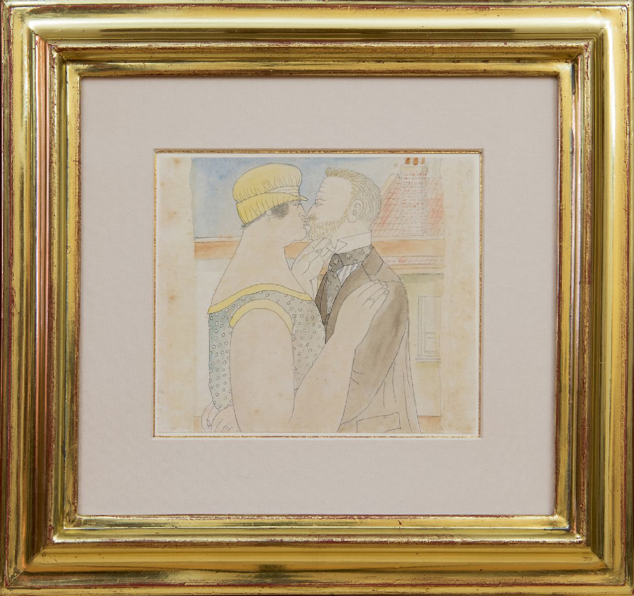 Erfmann F.G.  | 'Ferdinand' George Erfmann | Watercolours and drawings offered for sale | A kiss on the rooftop, pencil and watercolour on paper 15.0 x 13.0 cm