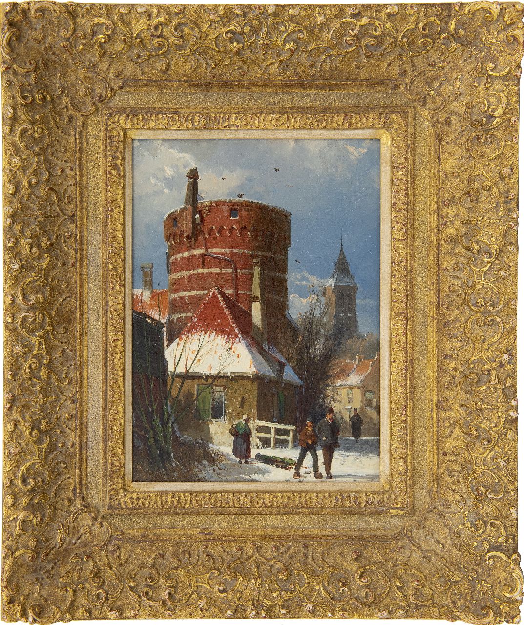 Koekkoek W.  | Willem Koekkoek | Paintings offered for sale | Dutch street with an old fortress tower, in the snow, oil on panel 24.3 x 17.9 cm, painted 1862-1865