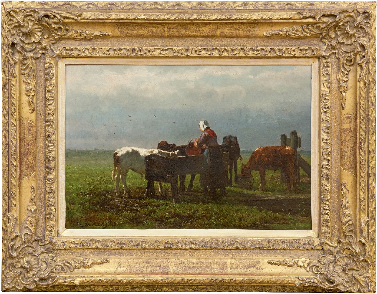 Haas J.H.L. de | Johannes Hubertus Leonardus de Haas | Paintings offered for sale | Feeding the calves, oil on panel 22.7 x 33.0 cm, signed l.l. and dated '63