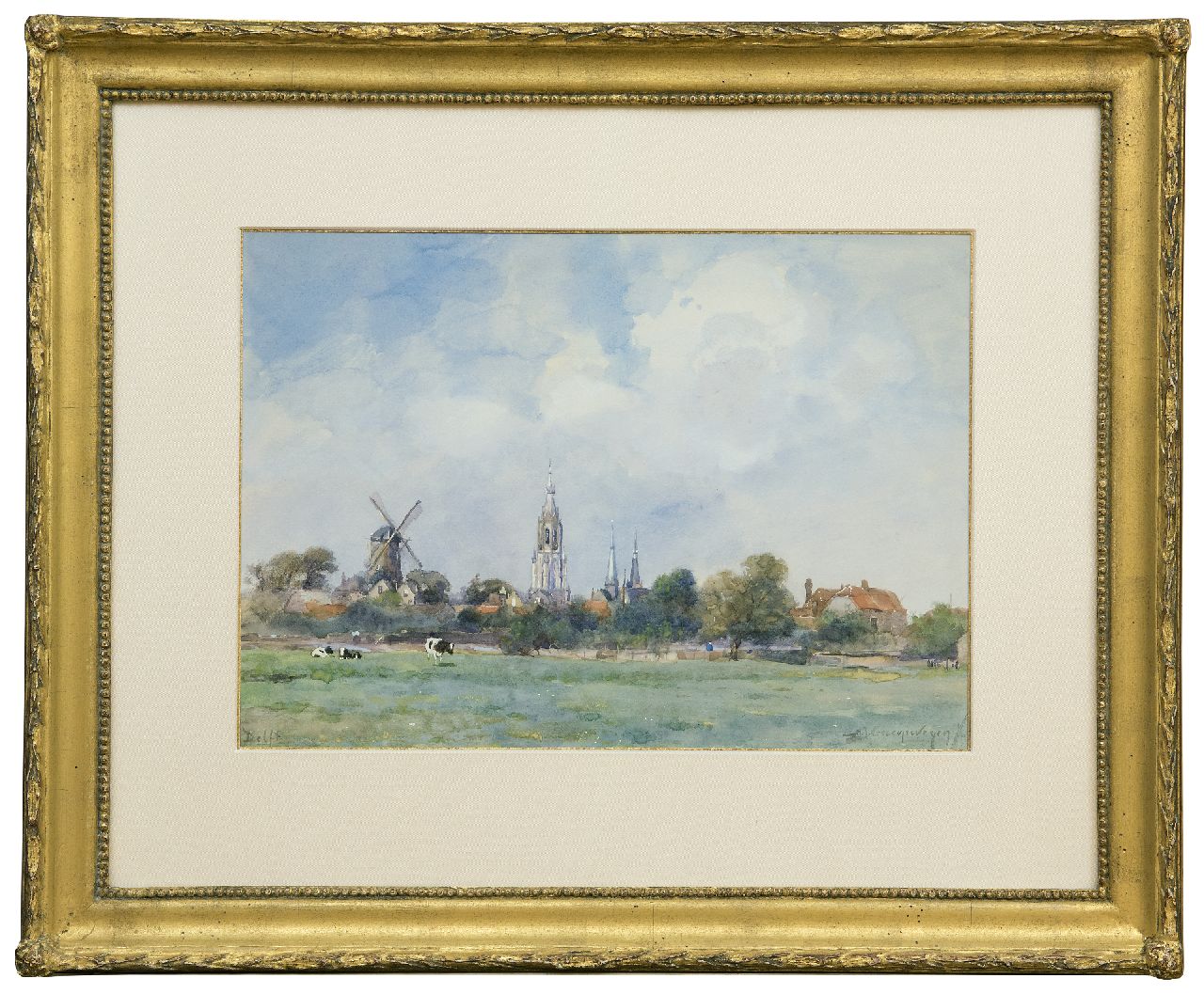 Groenewegen A.J.  | Adrianus Johannes Groenewegen, A view on Delft with the Nieuwe Kerk, watercolour on paper 24.5 x 34.5 cm, signed l.r.