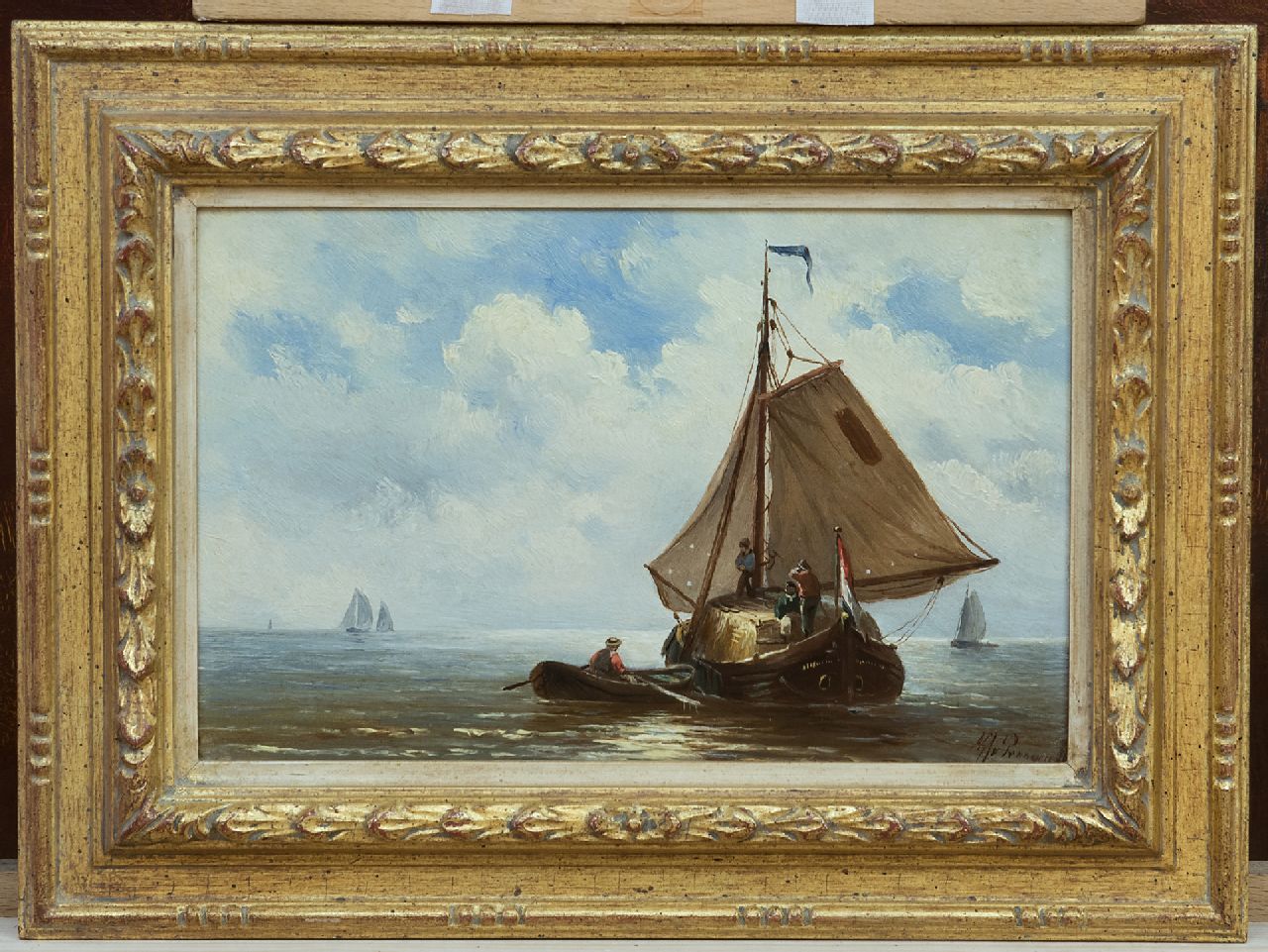 Prooijen A.J. van | Albert Jurardus van Prooijen, Sailing hay ship on the Zuiderzee, oil on panel 15.4 x 23.5 cm, signed l.r.