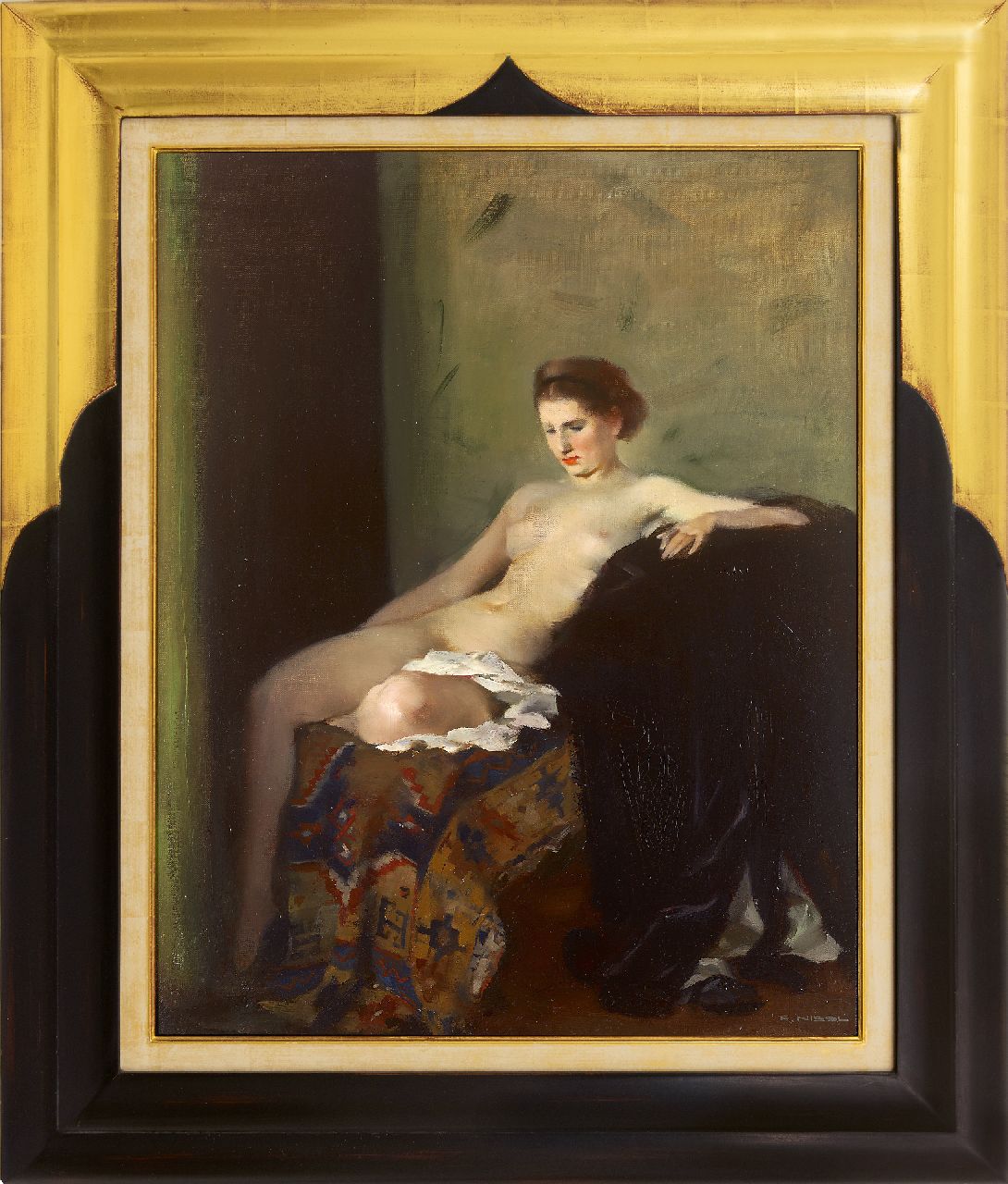 Nissl R.  | Rudolf Nissl, Seated nude on Persian rug, oil on canvas 72.3 x 57.7 cm, signed l.r.