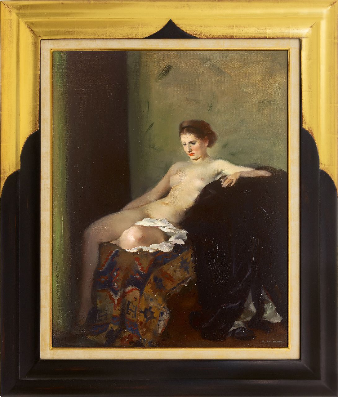 Nissl R.  | Rudolf Nissl, Seated nude on Persian rug, oil on canvas 72.3 x 57.7 cm, signed l.r.
