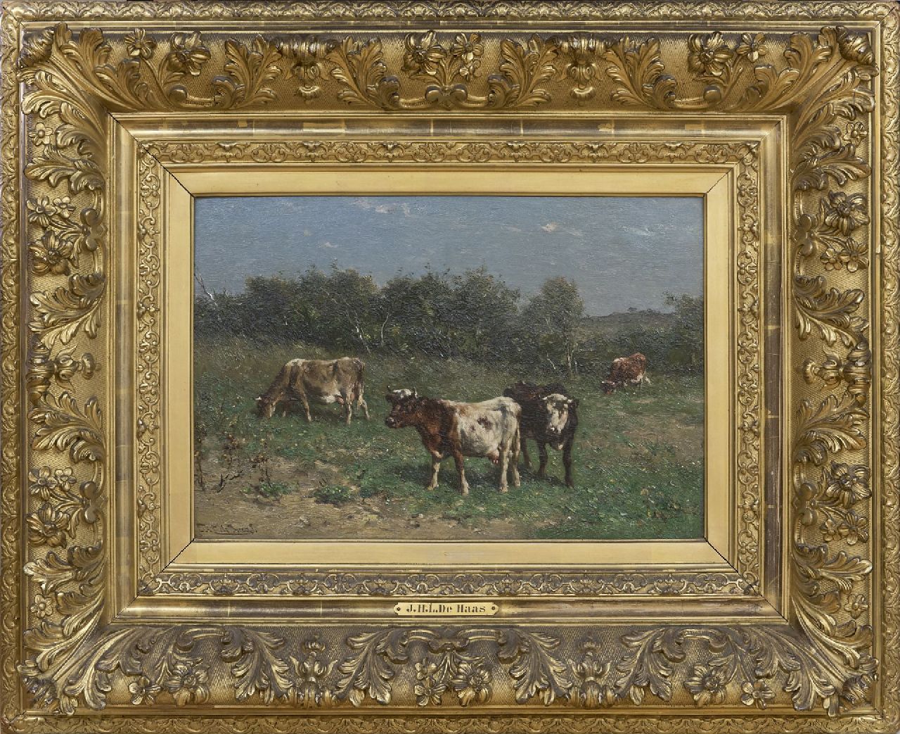 Haas J.H.L. de | Johannes Hubertus Leonardus de Haas | Paintings offered for sale | Grazin cows in a dune landscape, oil on paper laid down on panel 31.4 x 47.2 cm, signed l.l.