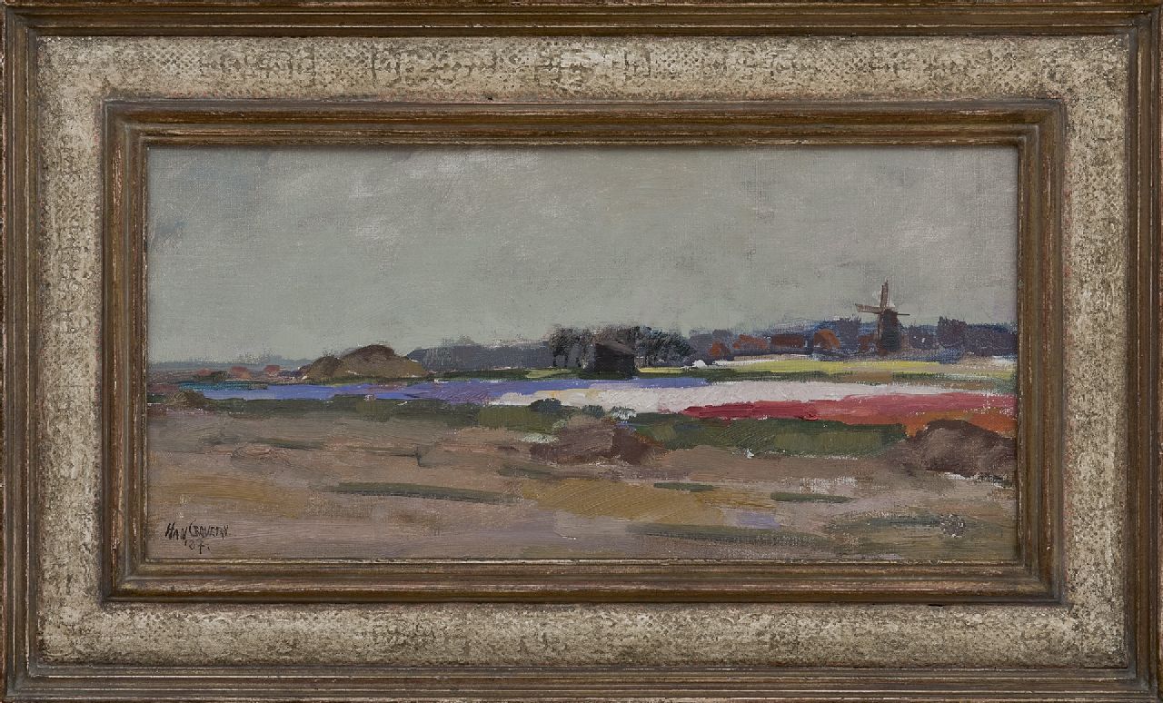 Grovers H.  | Han Grovers, Landscape with bulb fields and a mill, oil on canvas laid down on panel 23.3 x 48.8 cm, signed 'Han G(r)overs' l.l. and dated '37