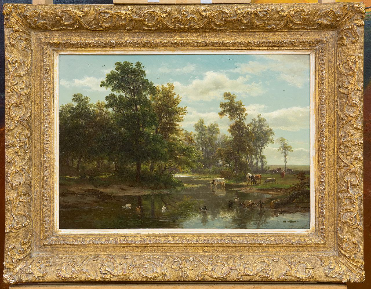 Immerzeel C.  | Christiaan Immerzeel, Drinking cattle near a forest creek, oil on panel 33.5 x 47.2 cm, signed l.r.