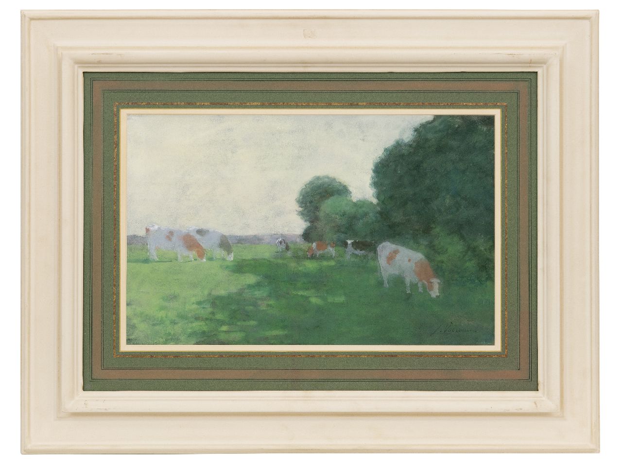 Voerman sr. J.  | Jan Voerman sr. | Watercolours and drawings offered for sale | Grazing cattle along the river IJssel, watercolour on paper 30.0 x 47.7 cm, signed l.r.