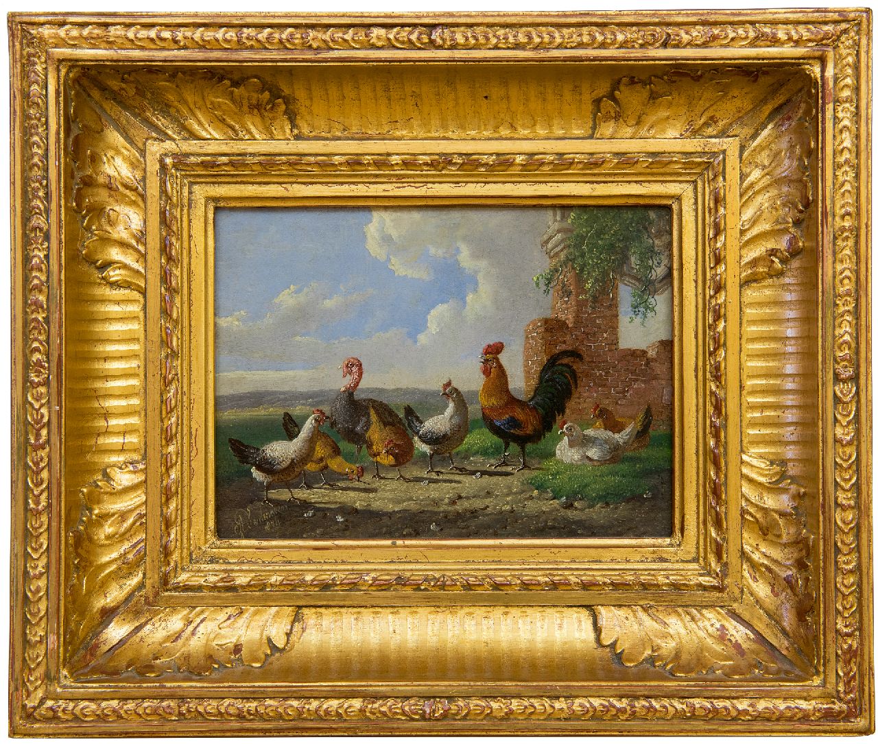 Verhoesen A.  | Albertus Verhoesen, A turkey, a cock and some chicken in a landscape, oil on panel 13.0 x 17.6 cm, signed l.l. and dated 1874