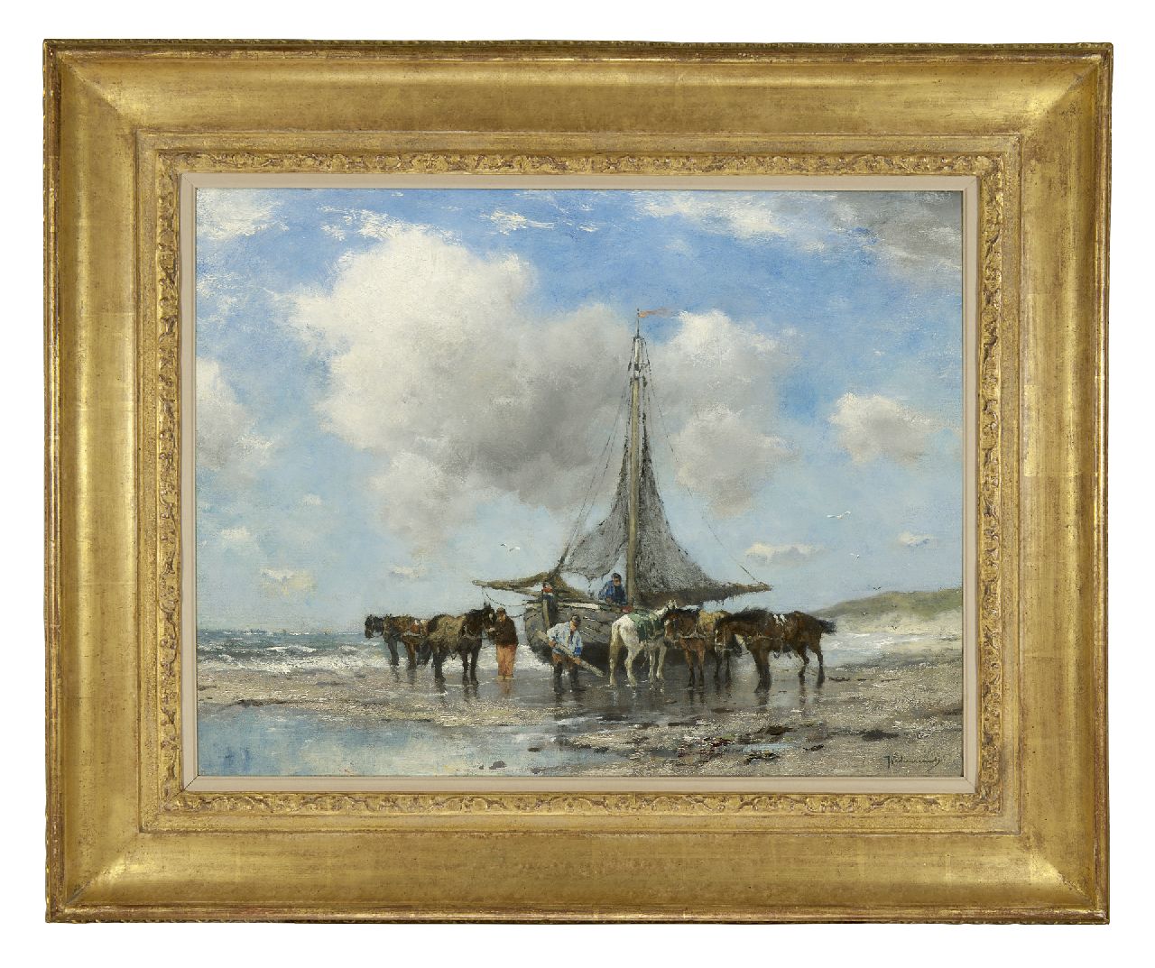 Scherrewitz J.F.C.  | Johan Frederik Cornelis Scherrewitz, Fishermanpink and draft horses on the beach, oil on canvas 50.8 x 66.1 cm, signed l.r.