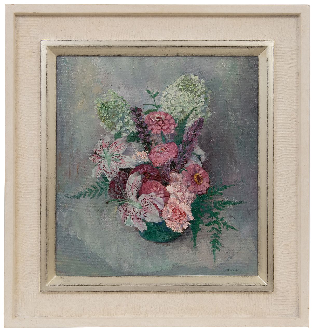Jong G. de | Gerben 'Germ' de Jong | Paintings offered for sale | Flower still life with lilies and zinnias, oil on canvas 46.2 x 42.3 cm, signed l.r.